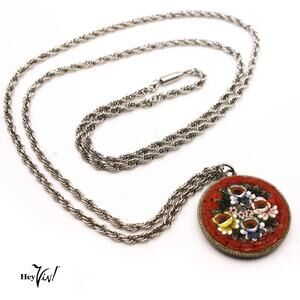 Vintage Micro Mosaic Floral Pendant Necklace Italy w Krementz Chain - Hey Viv
